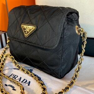 Prada Black Quilted Crossbody Bag with Gold Chain!